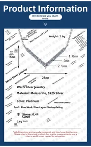 Vue détaillée du collier en argent S925 Moissanite en forme de V avec ses dimensions