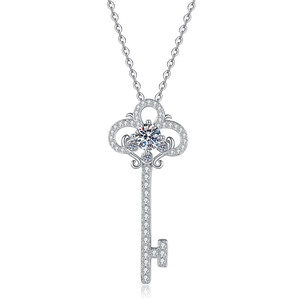 Elegant S925 sterling silver key pendant necklace with sparkling moissanite on white back