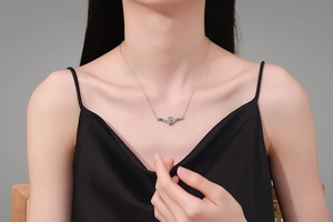 S925 sterling silver V-shape necklace with colorful gems and pear-cut pendant on model