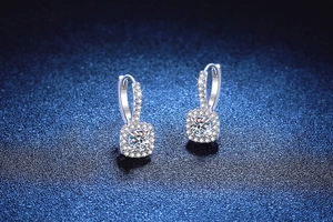 Macro view of square halo S925 silver earrings with 1ct moissanite center stones