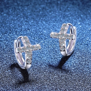 Elegant S925 sterling silver cross hoop earrings with sparkling moissanite stones