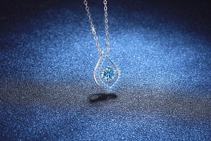 Détail du pendentif goutte avec moissanite bleue 1ct et monture mobile en argent S925