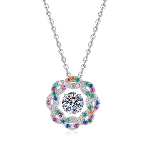 S925 sterling silver necklace featuring a dancing moissanite pendant with colorful stones