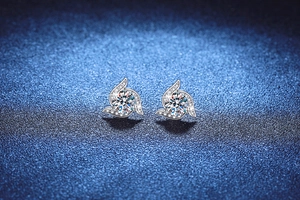 Macro detail of silver studs featuring rotating windmill design with moissanite stones