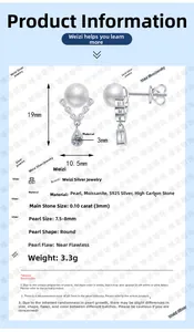 Detail view of S925 silver V-shape earrings with Moissanite and 7.5-8mm freshwater pearls