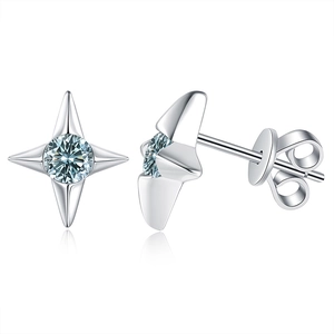S925 sterling silver four-pointed star stud earrings with blue moissanite stones