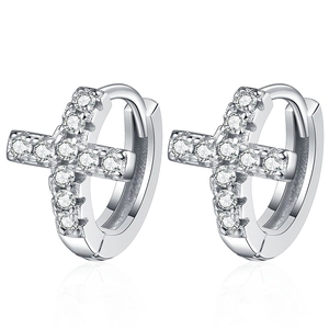 Elegant S925 sterling silver hoop earrings with pave moissanite cross pendant on white back