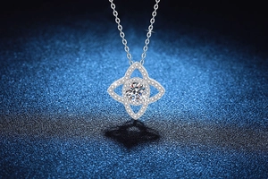 Macro view of sterling silver necklace with star-shaped moissanite pendant and fine details