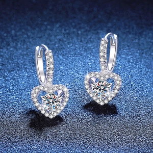 S925 sterling silver heart drop earrings featuring 1 carat round moissanite with pavé accents