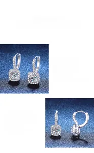 Macro detail of S925 sterling silver halo earrings featuring moissanite with hook design