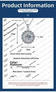 Gros plan du collier en argent S925 avec pendentif en moissanite ronde de 1 carat