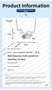 Detailed S925 silver necklace specifications showing moissanite and pearl dimensions