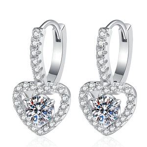 S925 sterling silver heart earrings featuring 1 carat moissanite with brilliant pavé stones