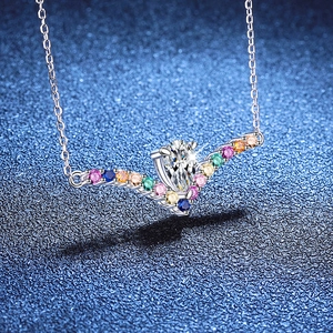 S925 sterling silver V-shape necklace with multi-color gems and pear-cut moissanite pendant