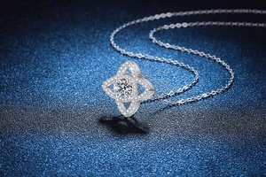 Close-up of 925 sterling silver lotus star necklace featuring a brilliant 1ct moissanite