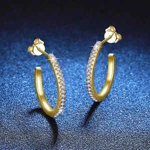 Elegant gold S925 sterling silver C-shaped hoop earrings with sparkling moissanite stones