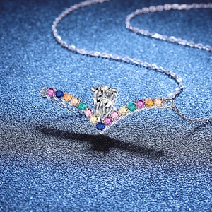 S925 Sterling Silver V-Shape Necklace with Pear-Cut Moissanite and Colorful Gemstones