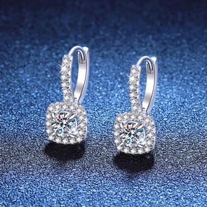 925 Sterling Silver Moissanite Hoop Earrings For Women Square Halo Rhinestone Inlaid Fashion Jewelry Earring Gift