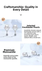 Close-up of S925 silver V-shaped earrings with freshwater pearl and pear-cut moissanite