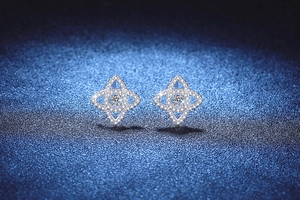 Macro view of S925 sterling silver lotus star stud earrings with brilliant moissanite