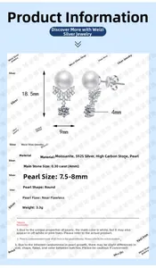 Detailed specs of S925 silver snowflake earrings with 8mm pearls and moissanite accents