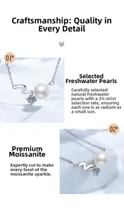Detail view of S925 silver necklace with moissanite and freshwater pearl pendant