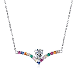 S925 sterling silver V-shape necklace with pear-cut main stone and rainbow gemstones