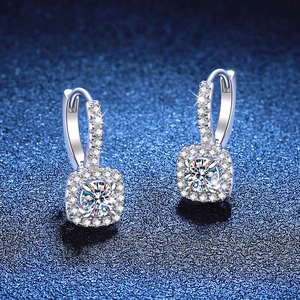 S925 sterling silver leverback hoop earrings with 1 carat square halo moissanite stones