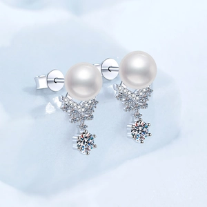 S925 sterling silver crown earrings with freshwater pearls and Moissanite stones