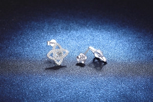 Detail of S925 sterling silver lotus star stud earrings with sparkling moissanite stones