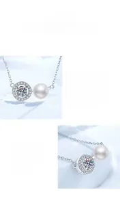 Macro shot of s925 silver necklace with moissanite pendant and natural freshwater pearl
