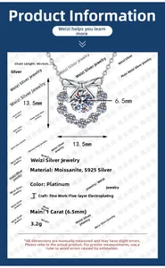 Vue détaillée du collier nœud en moissanite 1ct avec dimensions et spécifications en argent S925