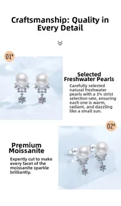Detail of freshwater pearl and moissanite earring with crown design in silver