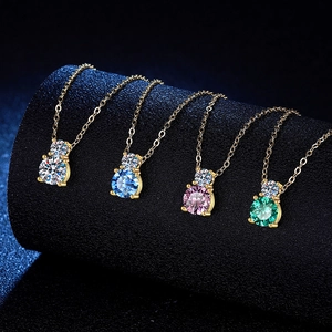 Collier Pendentif Moissanite en Argent Sterling 925 pour Femme Coupe Ronde Gemme Bleue Rose Verte Bijoux Coréens