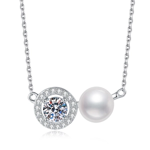 S925 sterling silver necklace featuring a round moissanite pendant and a white pearl
