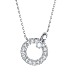 925 sterling silver moissanite necklace with brilliant round cut stone and paved circle