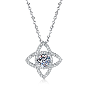925 Sterling Silver Moissanite Lotus Pendant Necklace with Starburst Design and Brilliant Cut