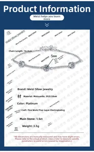 Detailed specs of S925 sterling silver bracelet with 1.5ct moissanite and platinum plating