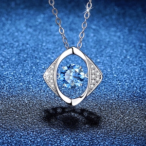 925 silver necklace featuring a dancing blue moissanite in a geometric rhombus frame