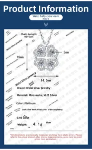 Detail showing S925 silver four-leaf clover moissanite pendant with dimensions and scale