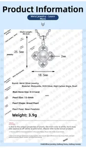 Detailed specs of S925 silver camellia necklace with 8mm pearl and moissanite stone