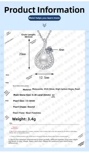 Detail of S925 silver necklace featuring teardrop moissanite and 7.5-8mm pearl pendant