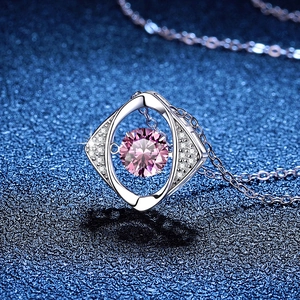 925 silver necklace with 1 carat purple moissanite stone and diamond frame on dark background