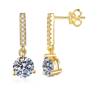 S925 sterling silver three-prong moissanite tassel earrings with sparkling round diamonds