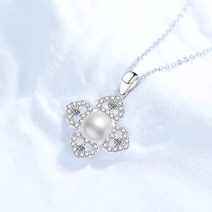 S925 silver necklace with camellia freshwater pearl pendant and sparkling moissanite stones
