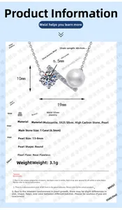Detail of S925 silver necklace with 1ct moissanite and 7.5-8mm freshwater pearl