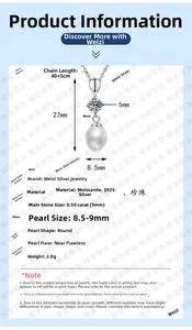 Detailed size specifications of S925 silver necklace with moissanite and pearl pendant