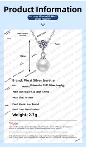 Detailed specifications of S925 silver necklace with 8mm pearl and 0.5ct moissanite pendant