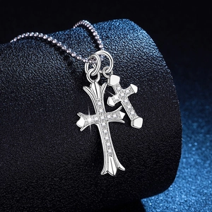 Collier hip hop en argent sterling S925 avec double pendentif croix et pierres brillantes