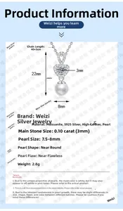 Detailed specs of S925 silver heart necklace with 8mm freshwater pearl and moissanite